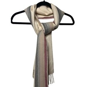 Tumi Scarf Cream Herringbone Stripe Fringed Winter Wrap Scarf 12.5" Wie 64" Long